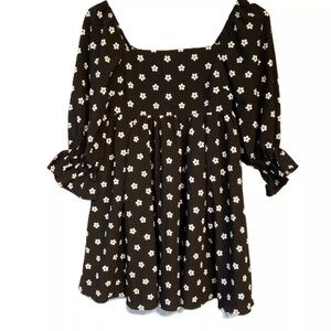 J. ING Black & White Floral Mini-Dress  NWT  Medium  Babydoll Retro Puffy Sleeve